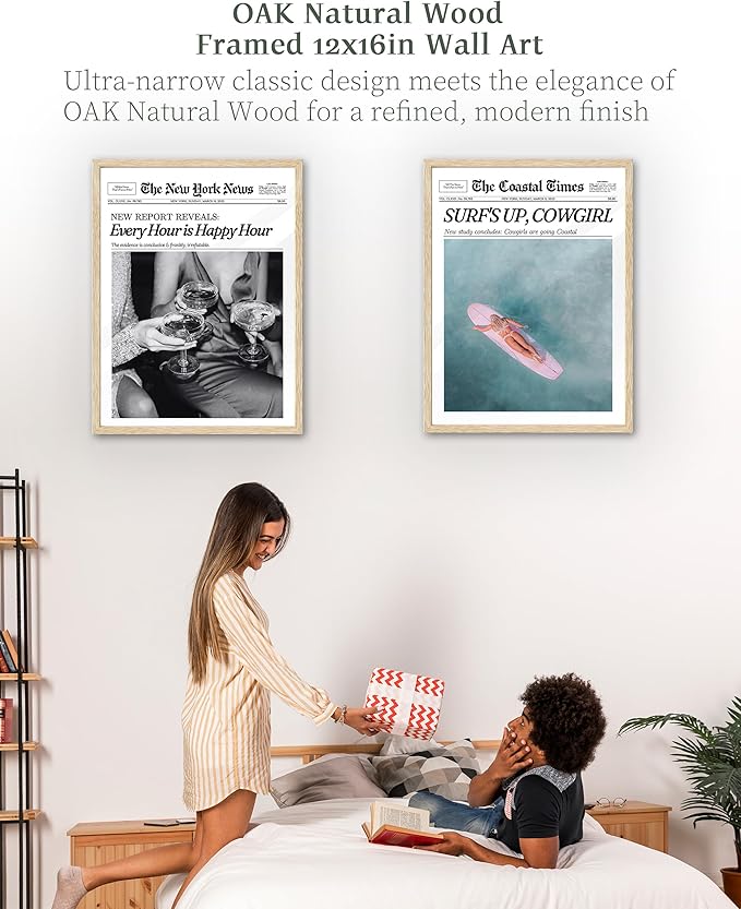iHery Framed Coastal Trendy Cowgirl Wall Art Decor, Natural OAK Wood 12x16in Canvas Newspaper Retro Bedroom Wall Art,Surfer Up Vintage Bar Cart Home Decor For Dorm Living Room 1Pack