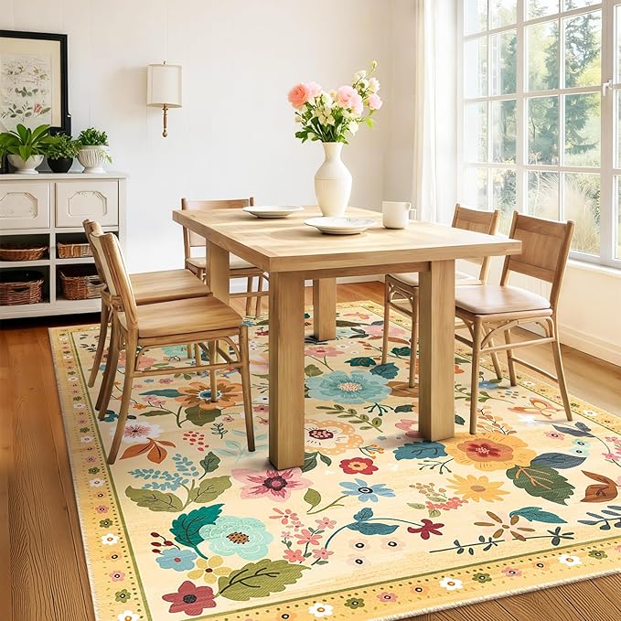 RELEANY Floral Nursery 5x7 Area Rugs Washable Print Boho Cute Carpet Non Slip Flower Low Pile for Living Room Kids Girls Playroom Bedroom Kitchen Office Farmhouse-Ivory/Yellow
