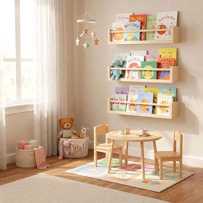 Set of 3 Kids Floating Bookshelves Natural – 24 Inch Wall Mounted Nursery Book Shelves with Safety Rail – Ideal Storage & Display Shelf for Nursery, Bedroom, and Playroom
