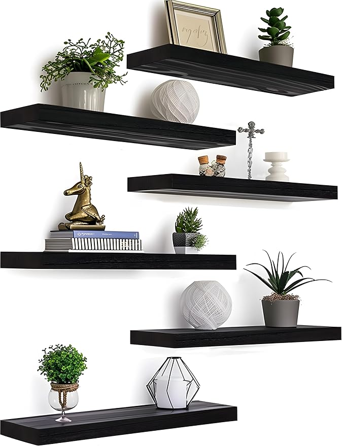 GXYAWPJ Black Wood Floating Shelves for Wall Rustic Wall Shelves for Bedroom Set of 6