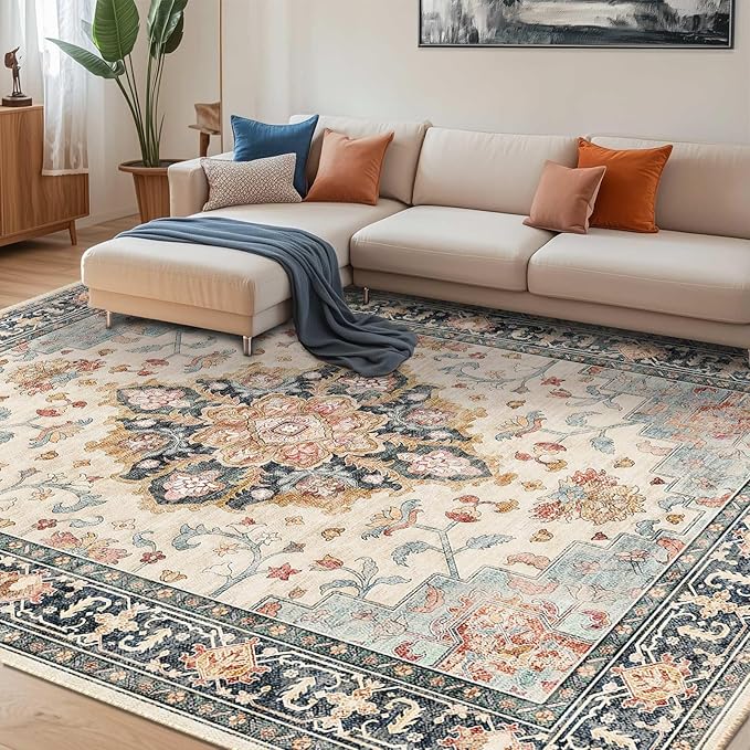 CAPALOCA Machine Washable Rugs Nursery Rug 8x10 Cute Girl Non Slip Low Pile Water Repellent Soft Print Pattern for Bedroom Indoor Decor Kids Playroom Bluebeige