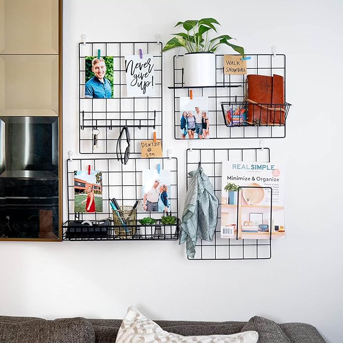 ODOXIA Hanging Baskets & Hooks Rack | Wall Grid Accessories for Wire Wall Grid Panel | Grid Panel Accessories | Wire Wall Baskets & Hanging Hooks