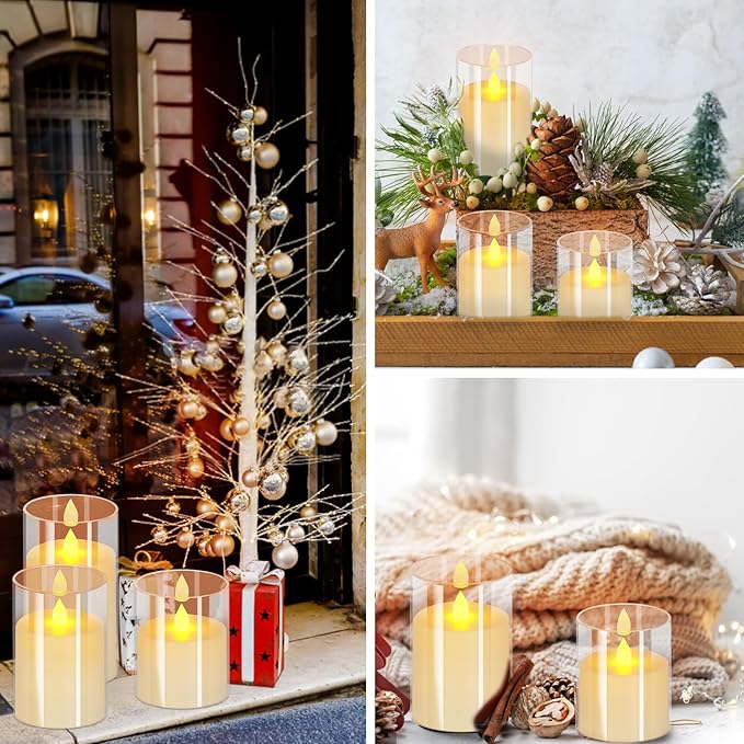 wemarry Flameless Candles 4" 5" 6" Acrylic Glass Pillars 3" Diameter Battery Operated Flickering Candles Include 8-Key Remote with Timer Function 400+ Hours (Pure White, Warm Light 9 Pack)