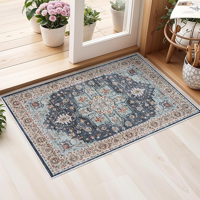 Washable Oriental Area Rug - 2x3 Rugs for Living Room Soft Carpet for Bedroom Waterproof Floral Distressed Indoor Stain Resistant Non-Shedding Floor Carpets (Blue/Teal/Orange, 2x3)