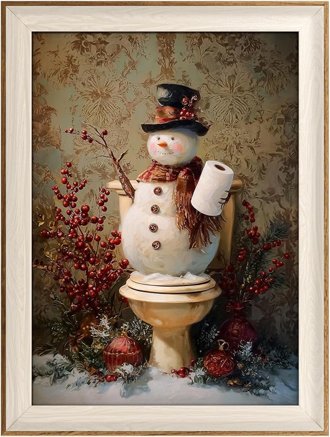 VIYYIEA Winter Framed Wall Art for Living Room, Snowman in Bathroom Canvas Prints, Oil Painting Home Decor, Christmas Picture, Bathroom Wall Decor Gifts for Friends or Family - 16L x 12W