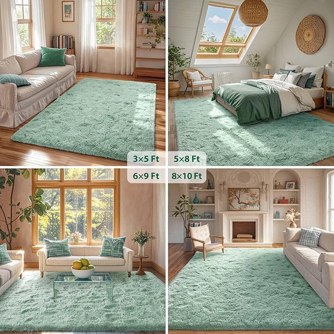 FinRèc Light Green Rug for Bedroom Living Room, 4x6 Feet Fuzzy Shaggy Area Rug, Non-Slip Fluffy Furry Rugs for Kids Room Dorm Room Home Decor, Indoor Plush Floor Carpet