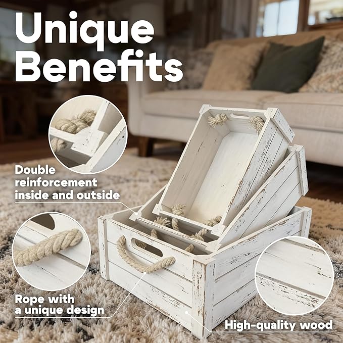 Set of 3 Rustic Nested Wooden Crates with Rope Handles - Decorative Farmhouse Storage Boxes for Kitchen, Living Room & Bathroom - Modern Wood Grain Home Organization