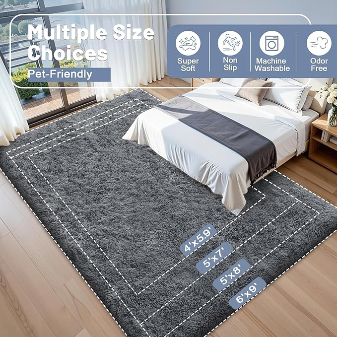 OLANLY 8x11 Machine Washable Large Area Rugs for Living Room, Bedroom, Soft Fluffy Shaggy Bedside Rug, Indoor Floor Carpet for Kids Girls and Boys, Dorms, Nursery, Home Decor Aesthetic, Grey