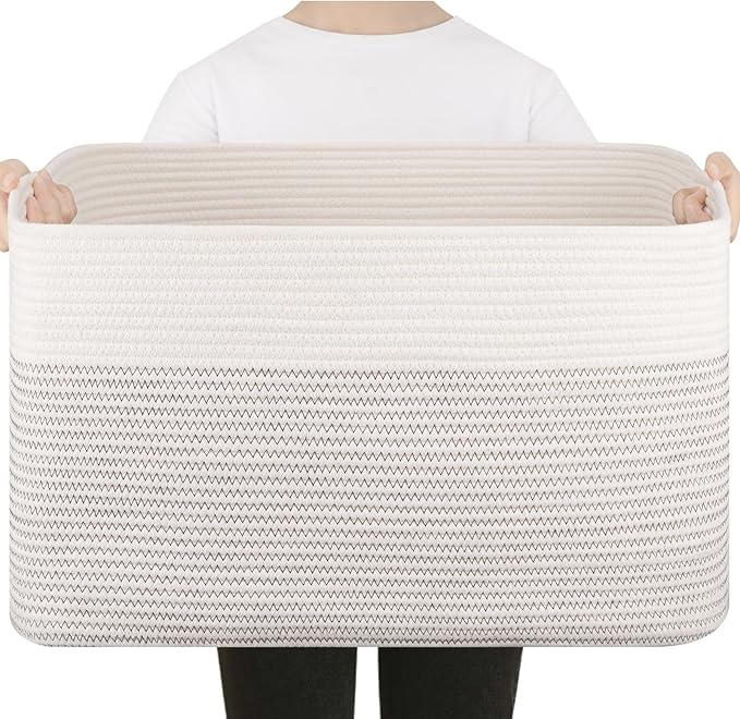 75L Large Cotton Rope Basket, Soft Toy Storage Bin for Nursery & Living Room, Decorative Blanket Basket for Bedroom, Baby-Safe Organizer for Pillows &Laundry, 22''×17''×12'', Black & White