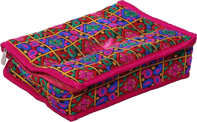Kuber Industries Embroidery Design Jewellery Organiser For Women With Jewellery Pouches, Bangle Organizer Rod Travel Makeup Storage Organizer-Pack of 2 (Pink)