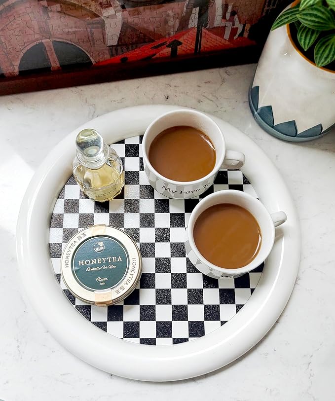 Ciandid Checkered Decorative Tray, Checkerboard Jewelry Tray Dresser Tray for Makeup Perfume Organizer, Aromatherapy Reed Diffuser Tray Vanity Tray for Bathroom(White)