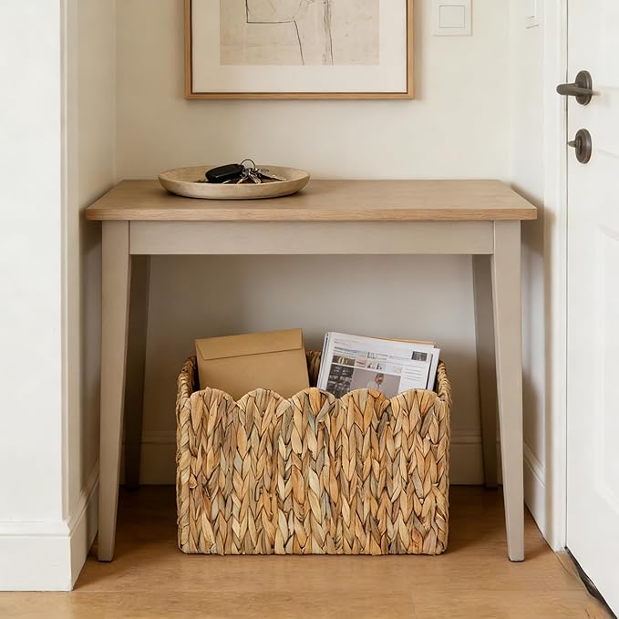 Water Hyacinth Magazine Holder for Floor, Wicker Magazine Basket, Tall Narrow Magazine Rack & File Holder for Books, Mail & Newspapers, Scalloped Storage Basket for Living Room, Office, Bedroom