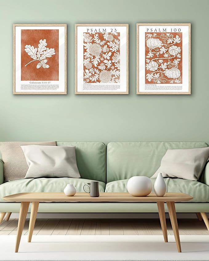 EcoHest Fall Botanical Pumpkins Framed Wall Art, 12x16 in OAK Wood Christian Psalm 100 Canvas Wall Art, Beige Logs A Psalm of Thanksgiving Home Decor Set of 1 for Bedroom Living Room
