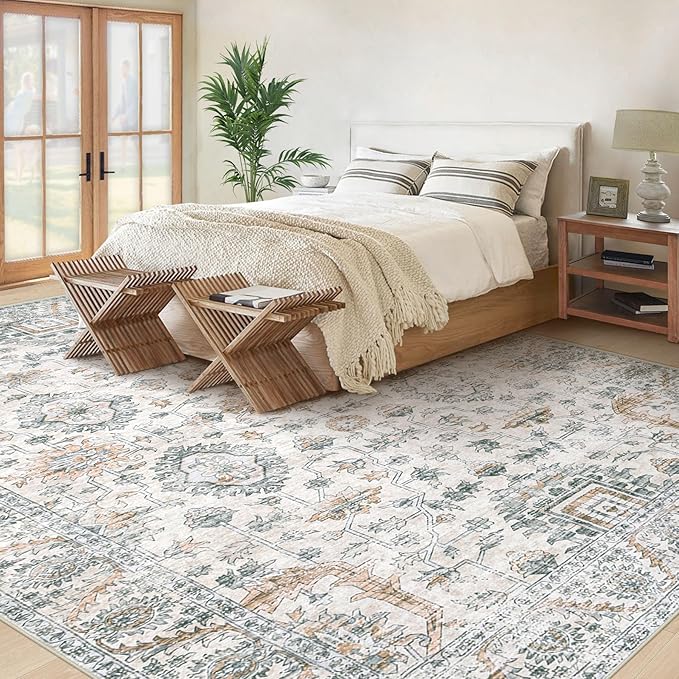 XLUEZ Area Rug 8x10 Living Room Rug, Machine Washable Vintage Distressed Boho Area Rug Non-Slip Soft Low Pile Large Indoor Rugs for Bedroom Kitchen Dining Room Office(Brown Green,8'x10')