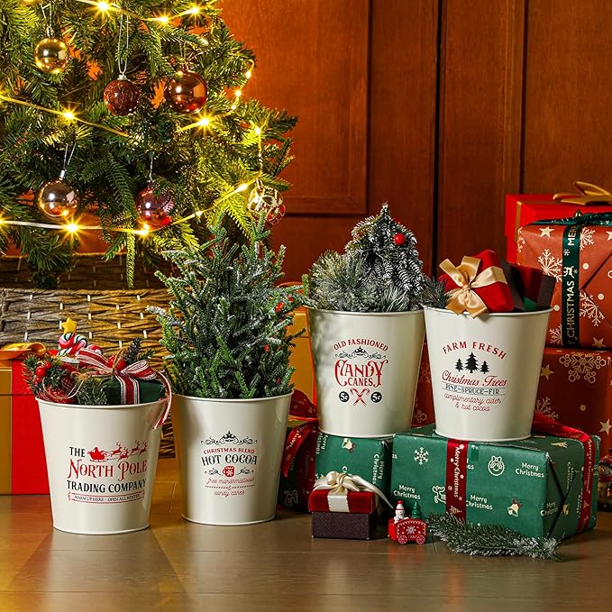 Moxweyeni 4 Pcs Christmas Galvanized Bucket 5.9'' Farmhouse Metal Basket Bucket Planters Pot Rustic Decorative Tin Farmhouse Vintage Flower Holder Decor for Xmas Home Outdoor Indoor Storage Decor