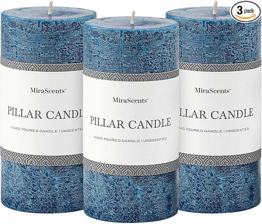 3x6 Inch Dark Blue Pillar Candles Set of 3 - Hand-Poured Unscented Candles, Long Clean Burning, Navy Blue Candle, Smokeless Dripless Candle for Dinner Table, Wedding, Home, Rustic Decor