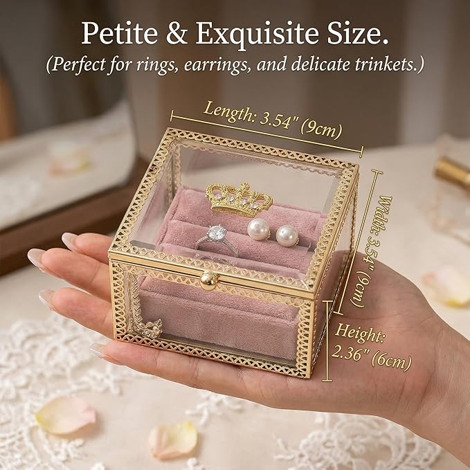 Veemoon Elegant Small Glass Jewelry Storage Box Clear Decorative Jewelry Display Case Lady Square Keepsake Box Trinket Organizer Vintage Make up Storage can for Earrings Pendants Cosmetic, 3.5×2.3"