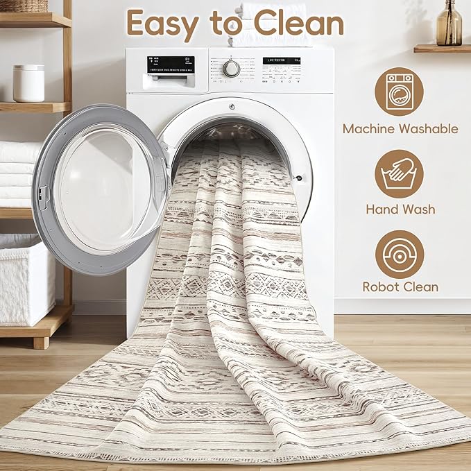 cotiled 10x12 Area Rug Living Room: Washable Boho Rugs with Non Slip Backing Large Soft Indoor Stain Resistant Carpet for Bedroom Farmhouse Dining Room Lightweight Home Decor Cream Brown