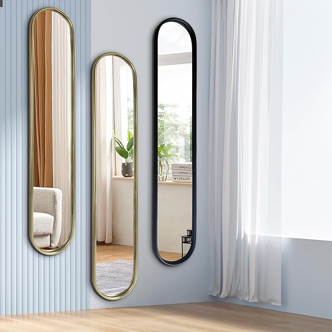 OUSHUAI Black Full Length Oval Mirror, 1-Pack Narrow Capsule Long Mirrors with Metal Frame for Entryway,Hallway,Living Room