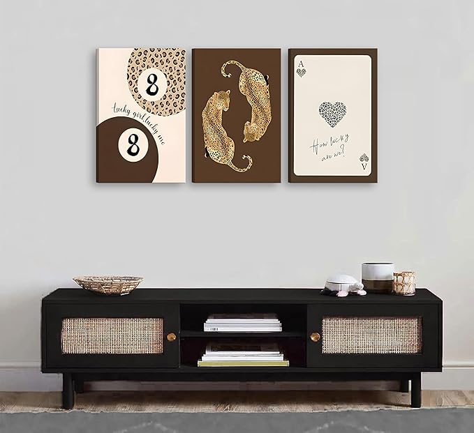 3pcs Framed Trendy Leopard Canvas Wall Art Funky Lucky 8 Ball Posters Prints Preppy Room Aesthetic brown Cheetah Prints Wall Decor Pictures for living room Bedroom Dorm Apartment