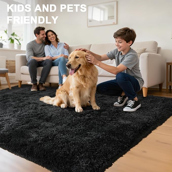 Fluffy Area Rugs for Bedroom - Soft Plush Shag Rug for Living Room Nursery Kids Room - Non Slip Fuzzy Shaggy Floor Carpets for Girls Boys Play Room Dorm Decor (Black, 5' x 7')