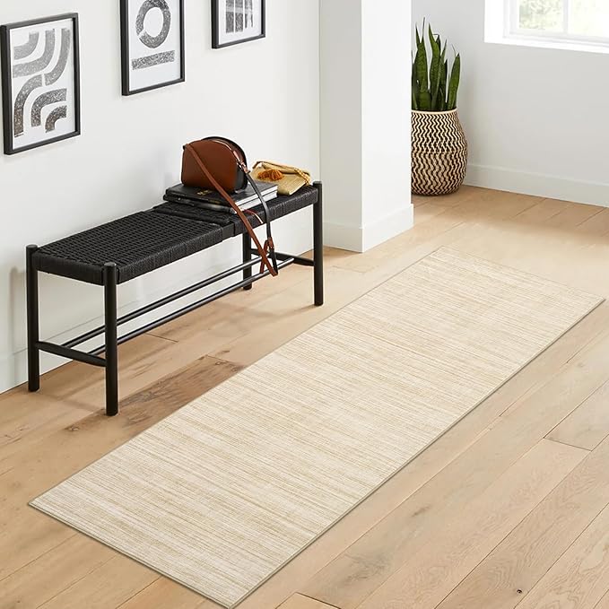 Hallway Runner Rug 2.5x8 Washable Non Slip Kitchen Runner Rugs Low Pile Modern Solid Color Living Room Rugs Minimalist Plain Entry Long Runners Boho Accent Solid Runner Rugs for Bedroom Nursery, Beige
