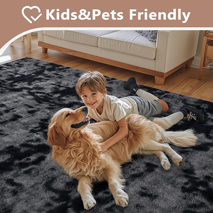 FinRèc 6x9 Washable Area Rugs for Bedroom Living Room, Low Pile Thin Ultra Soft Shag Rug, Non-Slip Carpet Indoor for Home Decor (Tie-dye Dark Grey)
