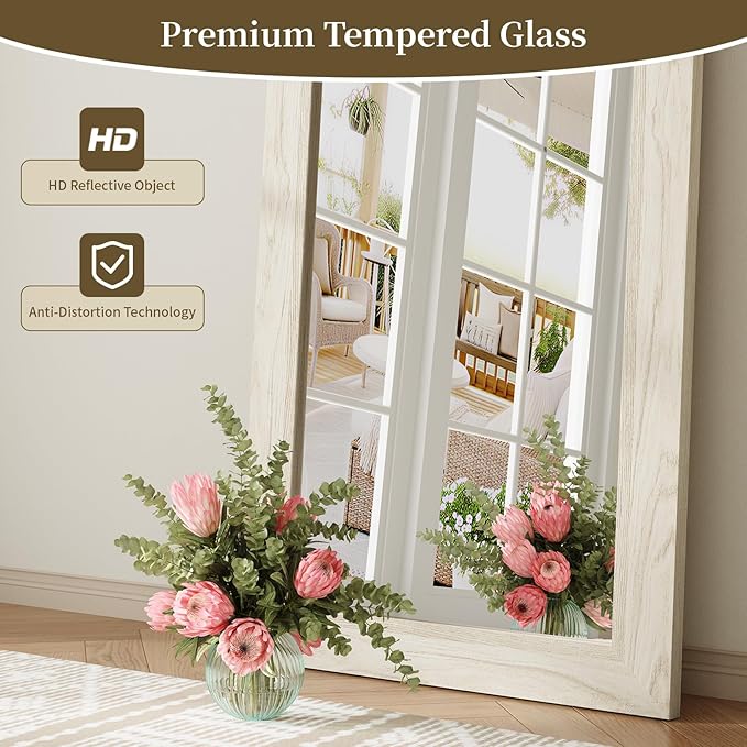 Syndra Modern Full Length Mirror Wood Frame, 56x20'' Large Floor Mirror with HD Tempered Glass & Wall Mount Option, Rectangular Standing Mirror for Bedroom, Living Room, Entryway, Farmhouse(White Oak)