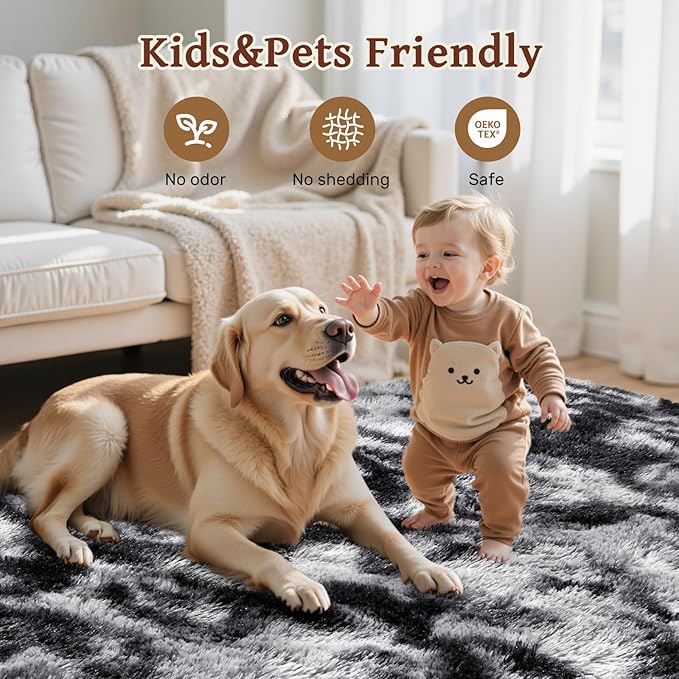Area Rugs for Living Room 9x12 Black Grey Fluffy Rug,Super Fuzzy Fur Bedroom Carpet for Boys Dorm Office Nursery Modern Home Decor