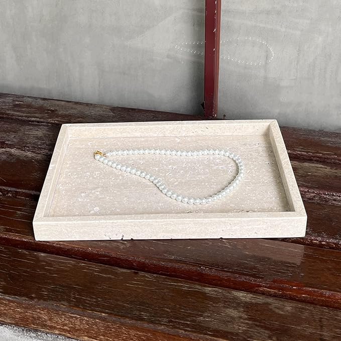 Natural Marble Vanity Tray, Cosmetics Towels Tray, Decorative Tray, Catchall Tray for Dresser Bathroom Kitchen (Beige Travertine, 11.8L x 7.87W x 1.18H)