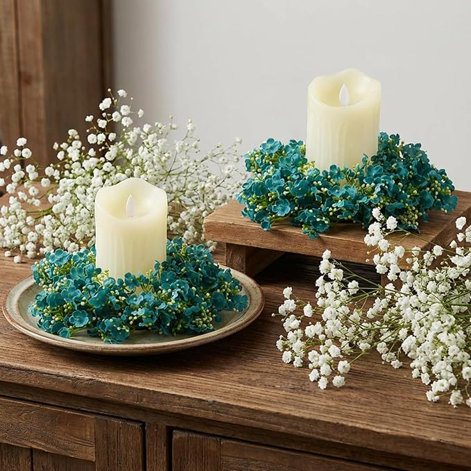Daifunli 2 Pcs Baby's Breath Candle Rings Artificial Peacock Blue Floral Wreaths for Pillar 3.9 Inch Candles Holder for Spring Summer Home Office Wedding Rustic Table Centerpiece Decor