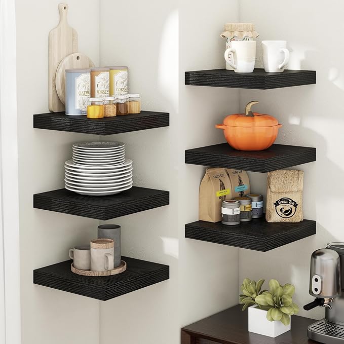 12 Inch Floating Shelves for Wall with Invisible Brackets Set of 3, 12"D Engineered Wood Wall Shelves with Wood Grain for Living Room, Bedroom, Bathroom, Kitchen Decor and Storage, Black Finish