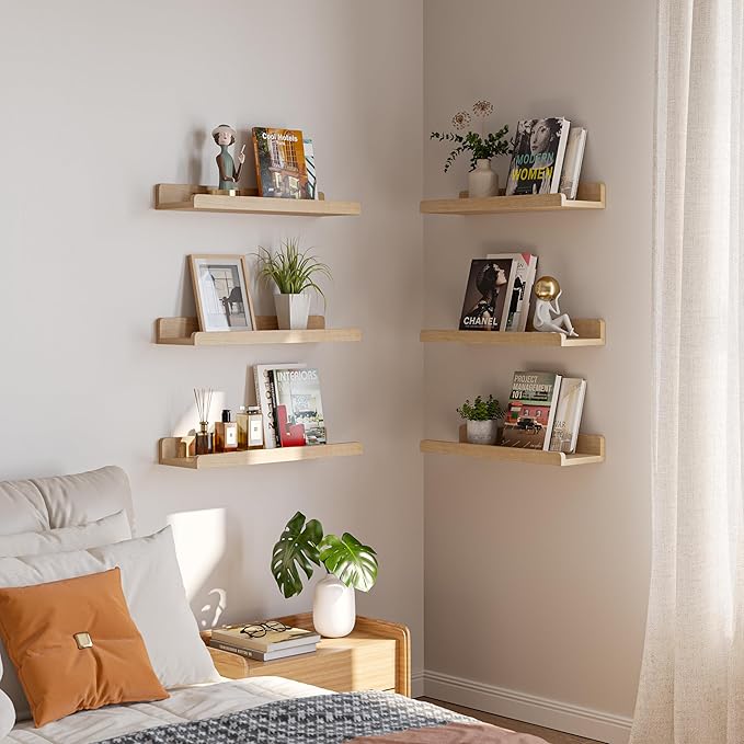 YUFLINX 16’’Natural Floating Shelves for Wall Set of 6,Rustic Wood Shelf for Room Decor/Storage/Display,Small Bookshelf,Wall Mounted Hanging Shelves for Bedroom, Bathroom, Living Room, Kitchen