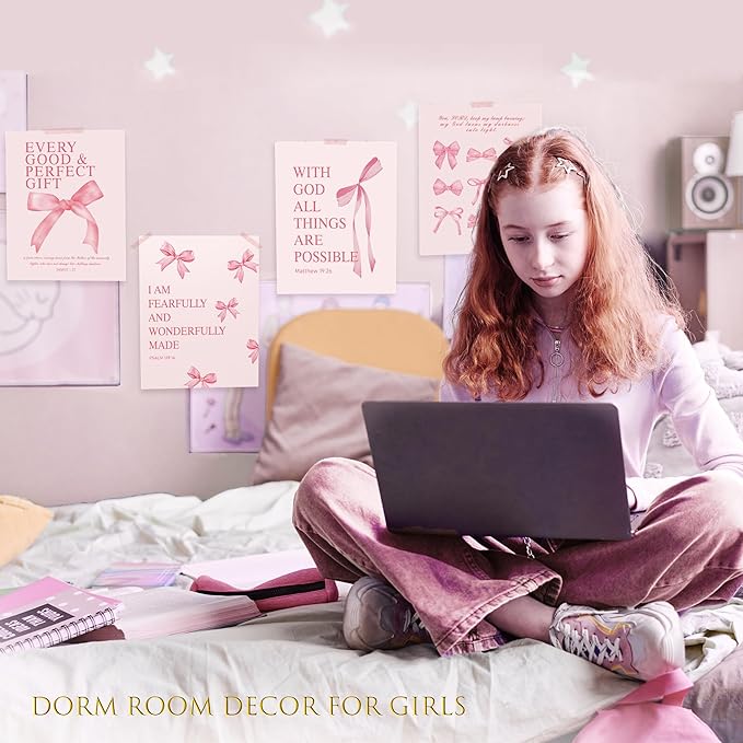 LARTSFRO Coquette Pink Bow Wall Art Decor Posters, Pink Bow Christian Room Bedroom Bathroom Dorm Wall Art Decor for College Teen Girls Kids Gifts, Inspirational Bible Verses Bow Wall Decor, 10x8 Inch Set of 4 Pcs Bow Pictures (UNFRAMED)