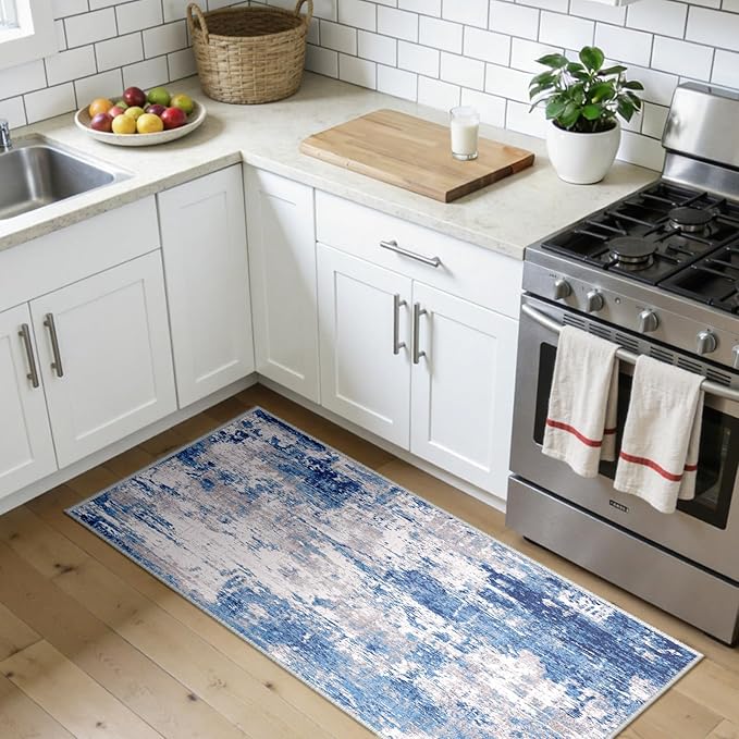 RELEANY Washable Area Rugs 2'x5' Non-Slip Modern Abstract Soft for Living Room Entryway Bedroom Nursery, Print Pattern, Blue Grey Navy Gray