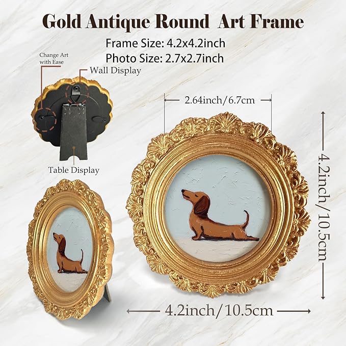 Small Vintage Dachshund Dog Round Picture Frame Wall Decor, Funny Wiener Gold Mini Ornate Photo Frame for TableTop Desk 2.7in Photo, Cute Rustic Framed Artwork for Walls Office Bedroom Shelf