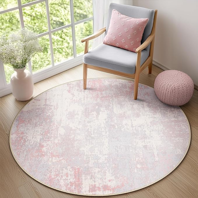 RELEANY Washable Area Rugs 6ft Non-Slip Modern Abstract Soft for Living Room Entryway Bedroom Nursery, Print Pattern, Grey Pink