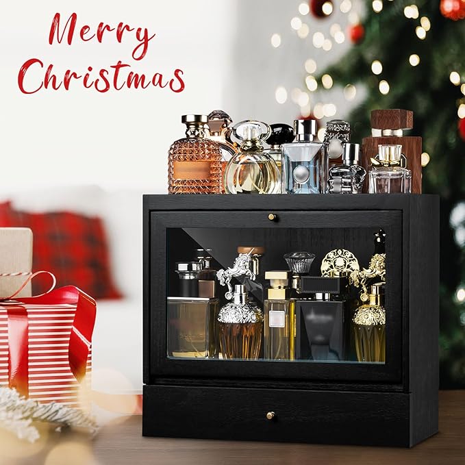 Emfogo Cologne Organizer for Men, Solid Wood Perfumes Organizer for Men Dresser, Large Capacity Dustproof Cologne Holder with Drawer Storage Perfume Stand Organizer, Ideal Gift for Loved ones