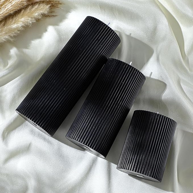 Conelist Ribbed Pillar Candles Set of 3, Width 3" High 4" 6" 8" Large Soy Wax Orchids Scented Pillar Candles Aesthetic Ribbed Modern Home Decor for Bathroom Living Room(Black)