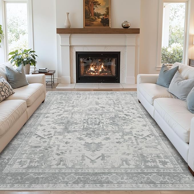 Rugxara 6x9 Washable Area Rug for Living Room, Neutral Vintage Large Boho Rugs for Office, Dining Room, Kids Room, Farmhouse, Durable Low Pile Non Slip Carpet for High Traffic Areas, Light Grey