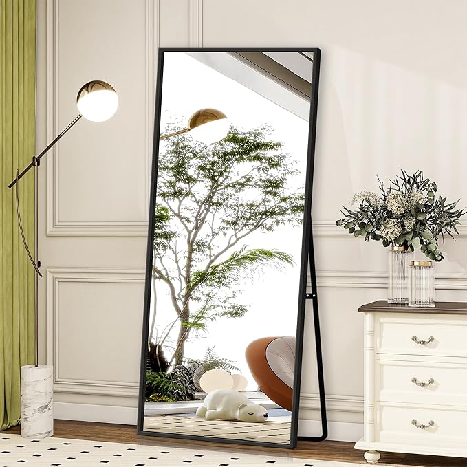 GlasFlength Full Length Mirror with Stand, 64"x21" Full Body Mirror with Aluminum Alloy Frame, Wall-Mounted/Leaning Against Wall/Standing Floor Mirror for Bedroom, Living Room, and Entryway