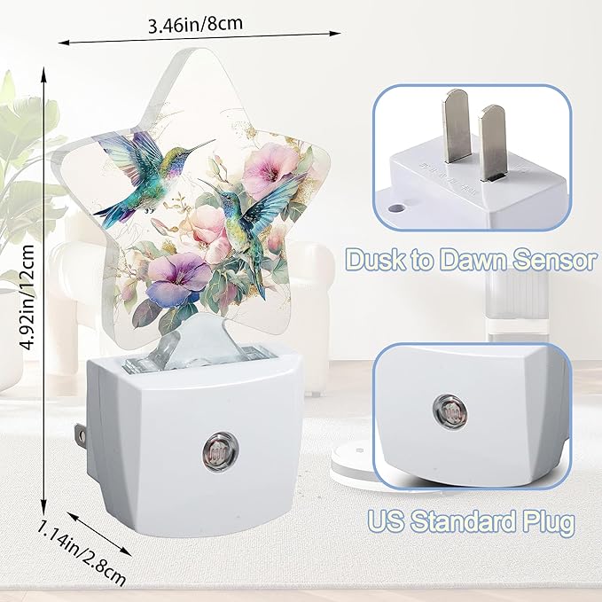 Hummingbird Bird Floral Night Lights Plug Into Wall,Vintage Flower Star Night Light for Kids,Nightlight with Dusk to Dawn Smart Sensor for Bedroom Bathroom Decor,Children Women Men Gift