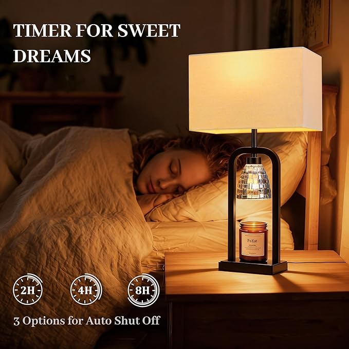 PoKat Bedside Table Lamps with Candle Warmer & Timer for Bedroom, Farmhouse Lamps Set of 2 for Night Stands, 21.5'' Bedroom Lamps Decor for Living Room, Side Table, Hallway, Bulbs Included, Black