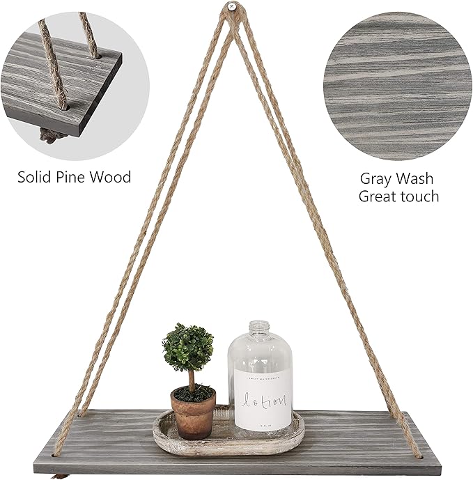 17 x 5 inch Wall Hanging Floating Shelves, Distressed Wood Farmhouse Organizer, Rustic Home Décor for Living Room Bathroom Bedroom Kitchen Apartment, Set of 3, Grey