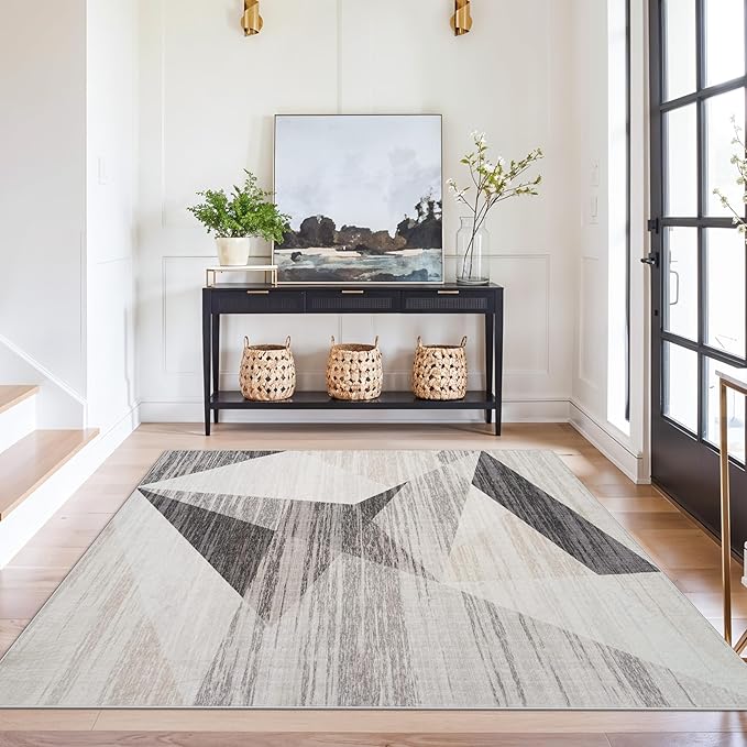 4x5 Washable Entryway Office Rug: Mid Century Modern Area Rugs Geometric Non Slip Soft Low Pile Indoor Carpet for Living Room Bedroom Kitchen Bathroom Entrance (Grey Cream Beige, 4X5)