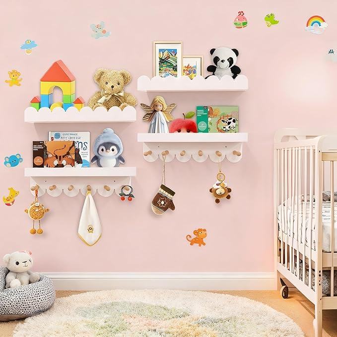 Floating Nursery Book Shelves for Wall, 16'' Wood Book Shelf for Baby Boys Girls Bedroom Bathroom and Décor Storage, Wall Shelf for Books, Plants, Toys, Photo Frames (White-Wooden Pegs, 4 Pack)