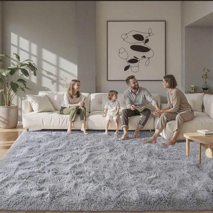 8x10 ft Light Grey Rug for Living Room Fluffy Bedroom Rug Non-Slip Area Rugs Shag Carpet for Nursery Kids Play Room Dorm Office Indoor Modern Plush Carpets Boys