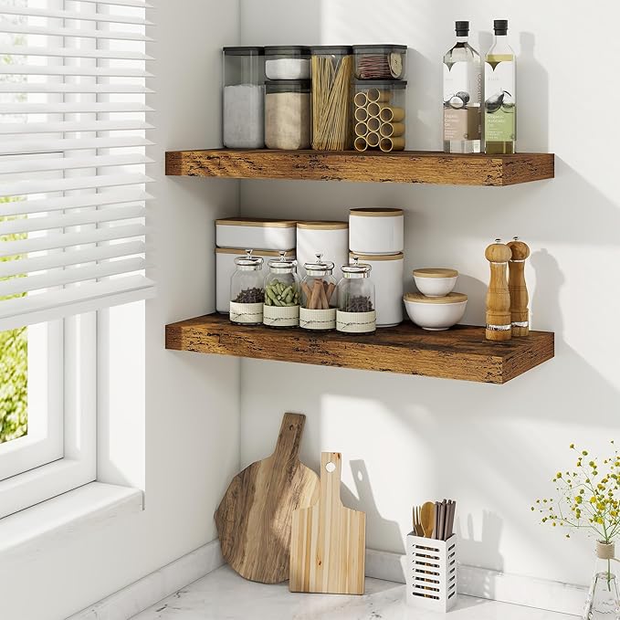 Fun Memories 24 Inch Floating Shelves, 9.3 Inch Deep Rustic Wall Shelves - Extra Deeper Wall Mounted Storage Shelves for Bathroom, Kitchen, Living Room (Brown, Set of 2)