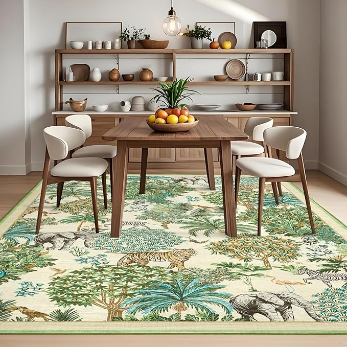 GarveeHome Jungle Washable Rug 9x12 Area Rugs for Living Room Bedroom, Animal Print Rug Non Slip Low Pile Forest Stain Resistance Large Throw Carpet for Dining Room Kids Playroom Nursery, Beige