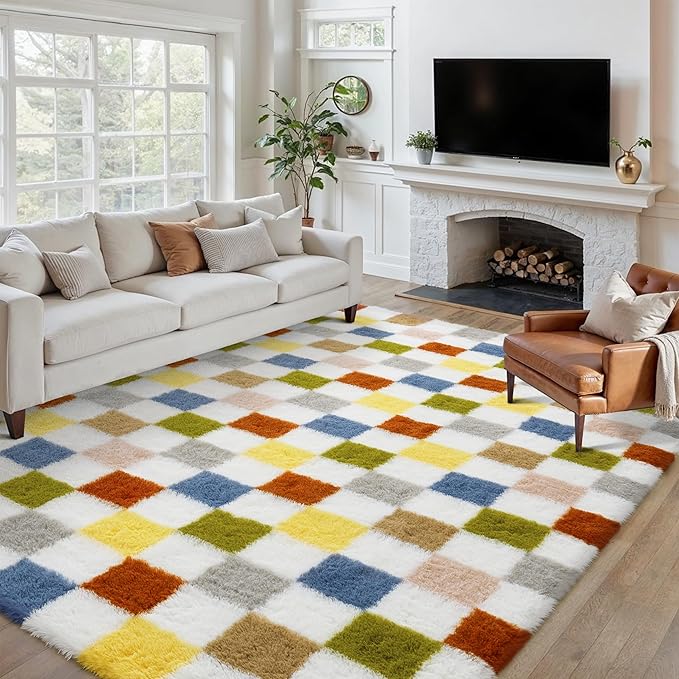 PureCozy Checkered Rug 6x9 for Living Room, Colorful Modern Shag Rug Washable Non-Slip Large Area Rug Super Soft Indoor Fuzzy Carpet Fluffy Rugs for Bedroom Home Aesthetic Decor